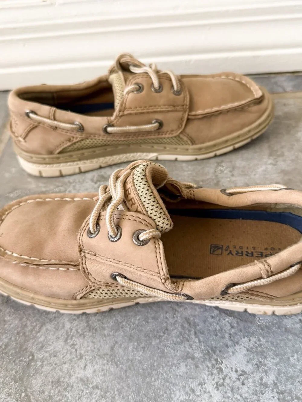 Sperry Billfish Boat Shoes Boys Size 1 Tan Leather Lace Up Slip On